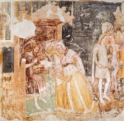 O envio de embaixadores do Rei da Inglaterra, detalhe de Histórias de Santa Úrsula, por Tommaso da Modena (1326-1379), fresco
