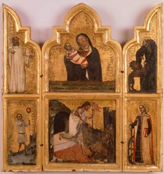 Madeira, políptico de ouro com Virgem e Criança, a ressurreição de Cristo e Santos, por Tommaso da Modena (1326-1379).