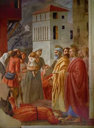 Ananias, membro de uma comuna cristã, ficou com uma parte do seu dinheiro e, em represália, cai morto aos pés de São Pedro (fresco)