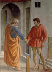 São Pedro entrega o tributo ao cobrador de impostos, depois de ter encontrado a moeda na boca de um peixe, como Jesus tinha previsto (fresco)