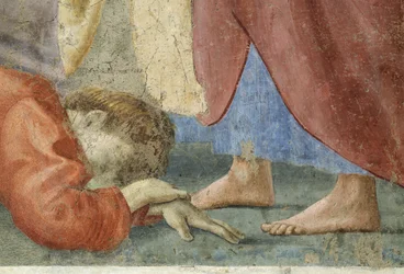 São Pedro Distribuindo os Bens Comuns da Igreja, e a Morte de Ananias, Detalhe de Ananias, morto aos pés de São Pedro, c.1427 afrescos, ver também 57194, 63322 e 63323