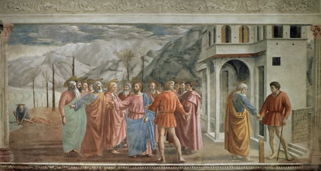 Tribute Money - Le paiment du tribut (A homenagem) - Fresco por Tommaso di ser Giovanni di Mone Cassai dit Masaccio (1401-1428), 254,5x598,3 cm