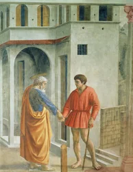 Homenagem dinheiro São Pedro paga o coletor de impostos - detalhe de 31642, c.1427 afresco