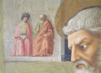 São Pedro curando um aleijado e o ressurgimento de Tabita Detalhe da cabeça de São Pedro com duas figuras sentadas à distância, c.1427 afresco, ver também 57195