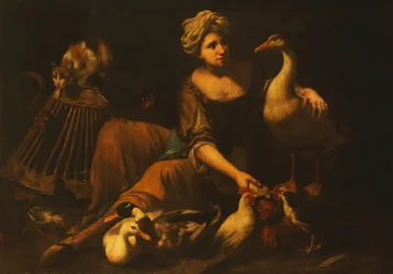 Uma rapariga a alimentar galos jovens, com um gato sobre um cesto, um ganso, um pato e outras aves