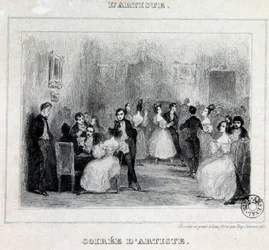 Uma noite de artista: jogos de bola e de cartas durante uma noite burguesa Desenho de Antoine Johannot dit Tony Johannot (1803-1852) 1831 Paris, Bibliotheque de l
