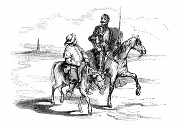 Dom Quixote cavalga o seu cavalo Rossinante com o seu fiel escudeiro Sancho Pança no seu burro. Ilustração do romance de Cervantes, publicado em França em 1845 por Dubochet & Cie, tradução de Louis Viardot, gravuras de Tony Johannot