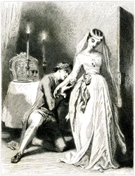 Amante suspirante ajoelha-se aos pés do seu belo noivado num interior à luz de velas - rapariga com vestido e penteado românticos - gravura (água-forte 1845) de Tony Johannot (Antoine Johannot dit
