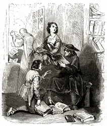 O padre Pero Perez e o barbeiro Nicolas inspeccionando os livros da biblioteca de Dom Quixote, c.1850 (ilustração)