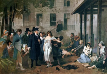 Philippe Pinel (1745-1826) libertando lunáticos de suas cadeias no asilo Salpetriere em Paris em 1795