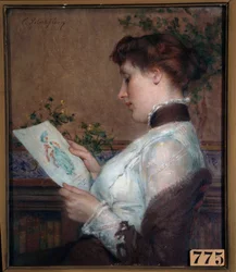 A imagem Uma mulher a admirar um desenho. Pintura de Tony Robert Fleury (1837-1912) Orleans do século XIX, Musee des Beaux Arts