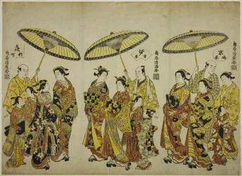 Belezas das três capitais: Shimabara em Quioto (direita), Yoshiwara em Edo (centro) e Shinmachi em Osaka (esquerda)