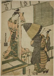 A beleza de Ibarakiya a puxar o guarda-chuva de um homem - uma paródia da lenda de Watanabe no Tsuna e do demónio de Ibaraki
