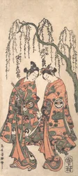 Jovens amantes sob um salgueiro caído, suas mãos entrelaçadas, suas cabeças dobradas, 1754.
