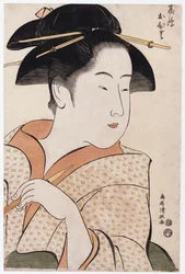 Um retrato de busto de Ohisa do Takashimaya segurando um cachimbo de tabaco