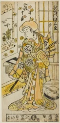 O ator Ogino Isaburo I em dois papéis, Tora e Soga no Juro, na peça "Juhakko Imayo Soga", apresentada no Teatro Nakamura no primeiro mês de 1734
