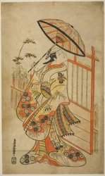 O ator Sanogawa Mangiku I como Sanada, filha do girador Itoya, na peça "Hiragana Yomeiri Izu Nikki", apresentada no Teatro Nakamura no décimo primeiro mês de 1718