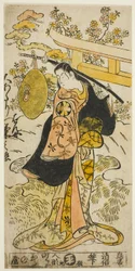 O ator Segawa Kikunojo I como Hanjo na peça "Tsumagoi Sumidagawa", apresentada no Teatro Nakamura no terceiro mês de 1733