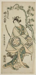 O ator Anegawa Daikichi como Ayame no Mae na peça "Miyo no Hana Yunzei Kagami", representada no Teatro Morita no décimo primeiro mês de 1760