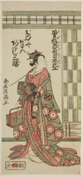 O ator Arashi Sankatsu como Kanamuraya Osan na peça "Soga Hiiki Nihon Sakura", representada no Teatro Nakamura no terceiro mês de 1762