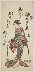 O ator Sanogawa Ichimatsu I como Momozono na peça "Katakiuchi Mogami no Inabune", representada no Teatro Ichimura no sétimo mês de 1759