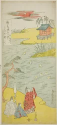 O poeta Ariwara no Narihira na margem do rio Sumida