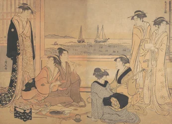 Uma festa de alegres em uma casa de chá em Shinagawa, ca. 1783.