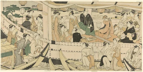 Uma festa de barco dos actores no rio Sumida