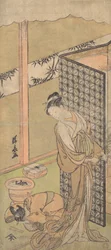 Uma Oiran em traje de noite, pausando, com uma mão na tela que envolve sua cama,..., ca. 1770.