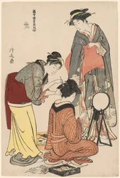 Entertainers of the Tachibana, da série "A Collection of Contemporary Beauties of the Pleasure Quarters (Tosei yuri bijin awase)", c.1782 (xilogravura a cores; oban)