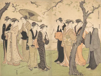 Grupo de seis gueixas sob as cerejeiras em Gotenyama, ca. 1785.