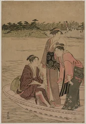 Passageiros em um ferryboat no rio Sumida, 1784.