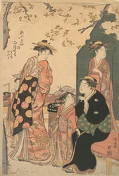 Retrato da cortesã Nioteru do Ogiya, com seus dois assistentes Namiji e Ao-..., ca. 1785.