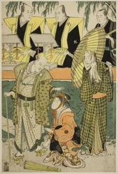 Os atores Bando Matakuro IV como Chubei, Osagawa Tsuneyo II como Umegawa e Nakamura Katsugoro como Magoemon na peça "Keisei Koibikyaku"