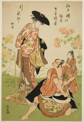 Os atores Iwai Hanshiro IV como Kuzunoha, Ichikawa Yaozo III como Yakanpei e Ichikawa Ebizo IV como Abe no Doji, na peça "Ashiya Doman Ouchi Kagami", apresentada no Teatro Nakamura no nono mês de 1784