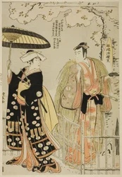 Os Atores Sawamura Sojuro III como Kusunoki Masatsura e Arashi Murajiro como Ben no Naishi, no shosa "Sode Furu Yuki Yoshino Shui", apresentado no Teatro Nakamura no décimo primeiro mês de 1786