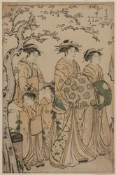 A cortesã Senzan de Chojiya passeando com seus Kamuro Yasono e Yasoji e Dois Shinzo, 1786.