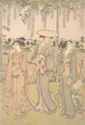 Três Mulheres e um Menino Pequeno por baixo de um Wisteria Arbor no Banco de uma Corrente, ca. 1790.