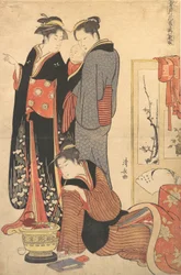 Duas mulheres de pé, segurando uma criança, ca. 1785.