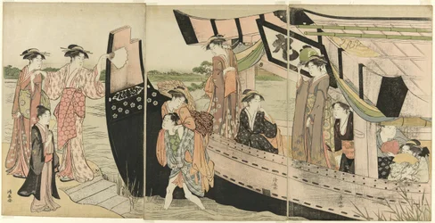 Mulheres que desembarcam de um barco de recreio no rio Sumida