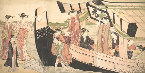 Mulheres desembarcando de um barco de recreio puxado até a costa em Mukojima no rio Sumida, ..., ca. 1785.