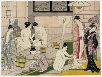 Mulheres num banho público. Gravura japonesa de Torii Kiyonaga (1752-1815), cerca de 1785. Escola Torii (ukiyo-e ou ukiyoe).