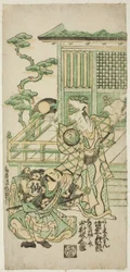 Os Atores Bando Hikosaburo I como Araki Shozaemon e Nakamura Sukegoro I como Daidoji Tahatanosuke na peça "Chigozakura Futabajikki", apresentada no Teatro Ichimura no décimo mês de 1746