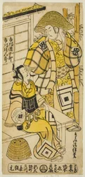 Os Atores Ichikawa Danjuro II como Onio Shinzaemon e Ichikawa Masugoro como Soga no Goro na peça "Furiwake-gami Hatsugai Soga", apresentada no Teatro Ichimura no primeiro mês de 1735