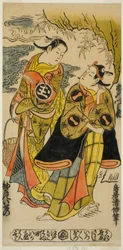 Os atores Ichikawa Monnosuke I como Minamoto no Yoshiie e Sodesaki Iseno I como Onoe no Mae na peça "Kaomise Junidan", apresentada no Teatro Nakamura no décimo primeiro mês de 1726 (?)