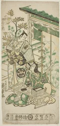 Os atores Ichimura Uzaemon VIII como Oguri Hangan e Segawa Kikunojo I como Terute no Mae na peça "Mangetsu Oguri Yakata", apresentada no Teatro Ichimura no oitavo mês de 1747