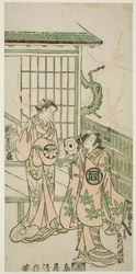 Os actores Sanogawa Ichimatsu I como Minamoto no Yorimasa e Segawa Kikujiro I como a mulher de Nobutsura, Karumo, na peça "Shusse Momijigari", representada no Teatro Ichimura no décimo primeiro mês de 1747