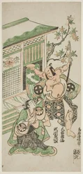 Os actores Segawa Kikujiro I como a mulher de Nobutsura, Karumo, e Otani Oniji I como Tahara Matataro na peça "Shusse Momijigari", representada no Teatro Ichimura no décimo primeiro mês de 1747