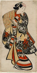 O ator Takii Hannosuke como um jovem efeminado, c.1707 (xilogravura colorida à mão; tan-e, o-oban vertical)