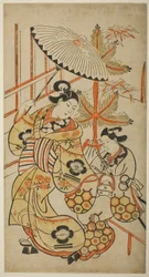 Os atores Matsumoto Hyozo como cortesã e Nakagawa Hanzaburo quando jovem